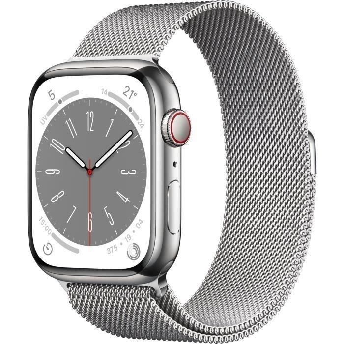 Apple Watch Series 8 GPS + Cellular - 45 mm - Caja de acero inoxidable plateado - Brazalete plateado (2022) - Reacondicionado - Excelente