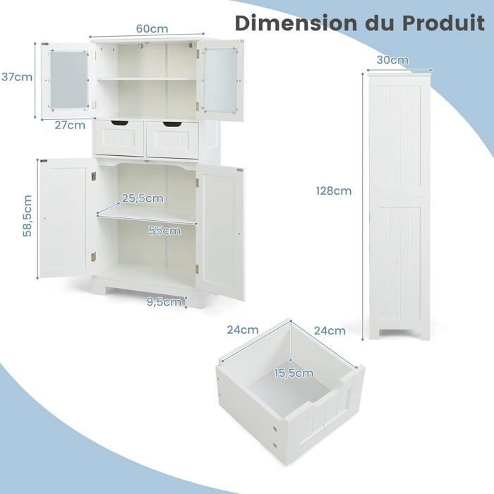 GIANTEX Bathroom Cabinet - Storage Column with 2 Drawers and Adjustable Shelves - Wooden Chest of Drawers - 60 x 30 x 128 cm - White