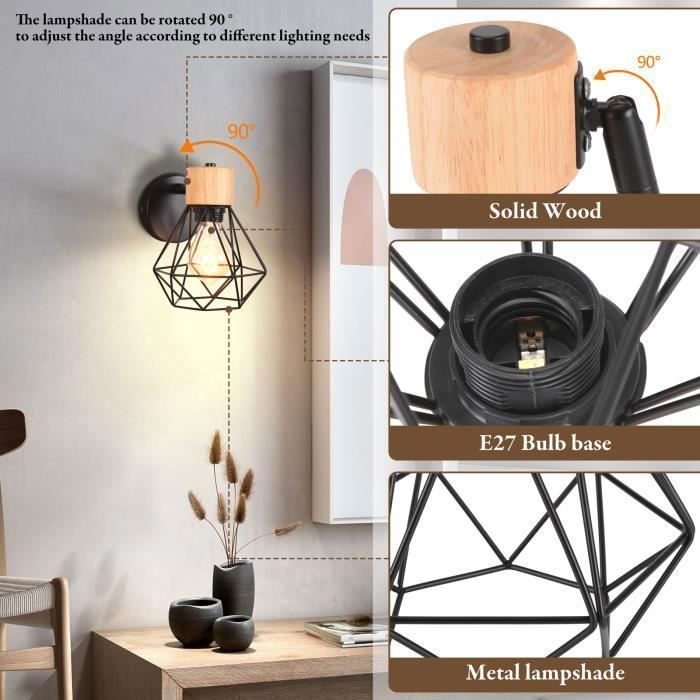 Conjunto de 2 arandelas industriais de parede para interiores TOKIUS, com design em gaiola de metal e madeira, estilo retrô, soquete E27, ideais para quarto, corredor e sala de estar, na cor preta.