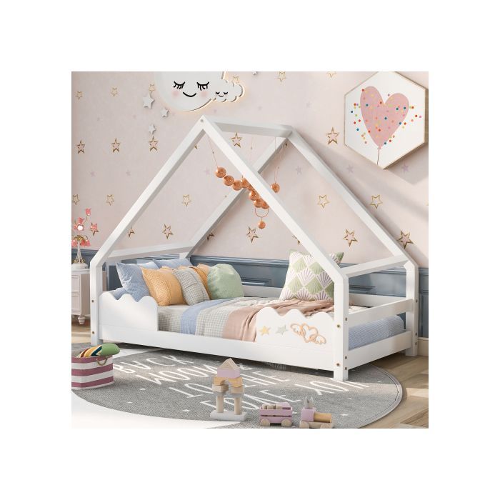 Cama infantil de 90x200 cm con protección anticaídas, parque infantil de madera maciza blanca.
