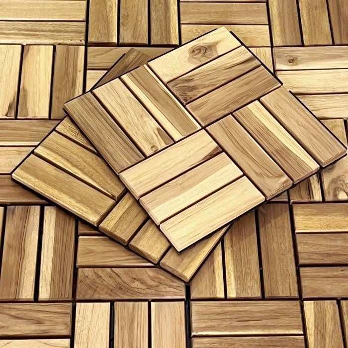 Set di 36 piastrelle per terrazza in legno di acacia, 30x30 cm, con motivo quadrato. Si assemblano a incastro.