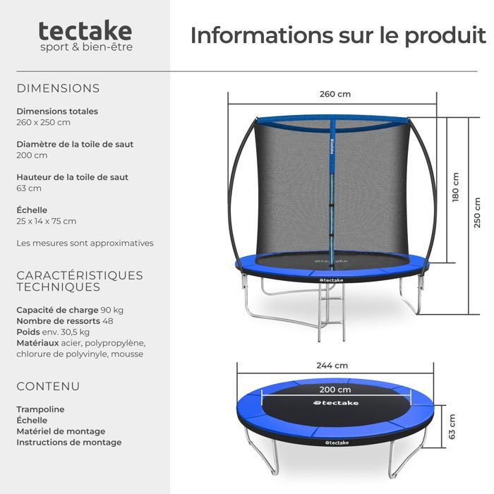 Trampoline - TECTAKE - JUMPY stalen trampoline met veiligheidsnet, 244 cm diameter - Zwart/blauw