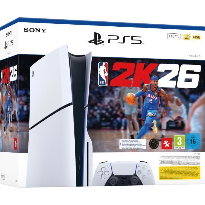 Pack PS5 Standard (avec lecteur CD) : Console PlayStation 5 (Modèle Slim) + NBA 2K26 (code dans la boite)