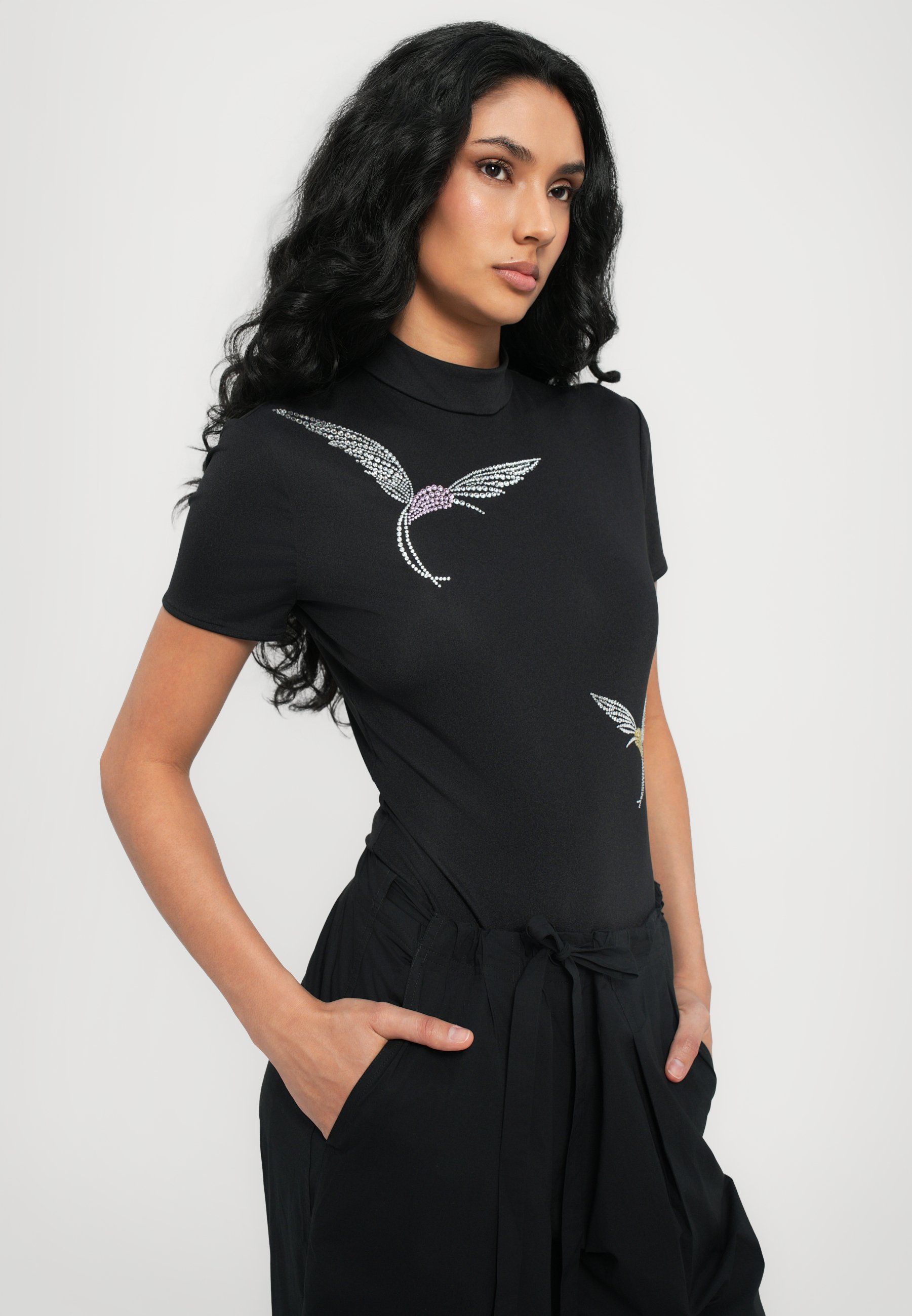David Koma korte bodysuit met kolibrie- en strass-steentjesprint - T-shirt met print - zwart/zilverkleurig