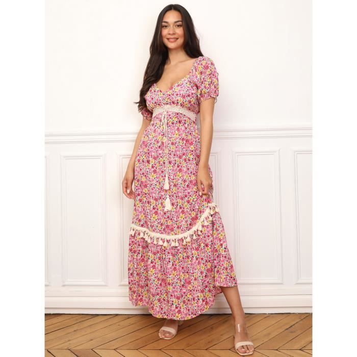 Vestido largo - Sin especificar - Estampado floral - Detalles de ganchillo - Mangas abullonadas - Pompones decorativos