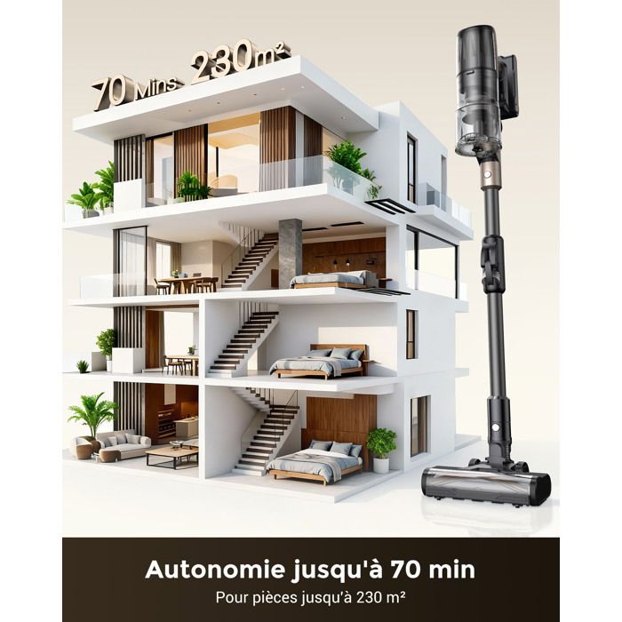 Proscenic Aspirateur balai sans fil P20 -Sec/Humide -80kPa -Réglage automatique de la puissance -70Min -Auto-Portant -GreenEye