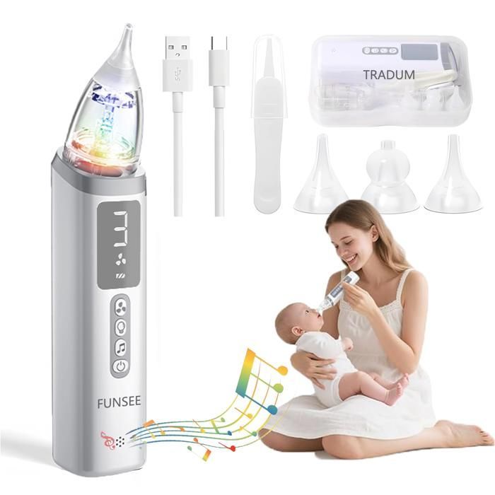 Electric Baby Nasal Aspirator with 3 Soft Silicone Tips, Baby Nasal Aspirator with 3 Suction Levels, Light and Soothing Music