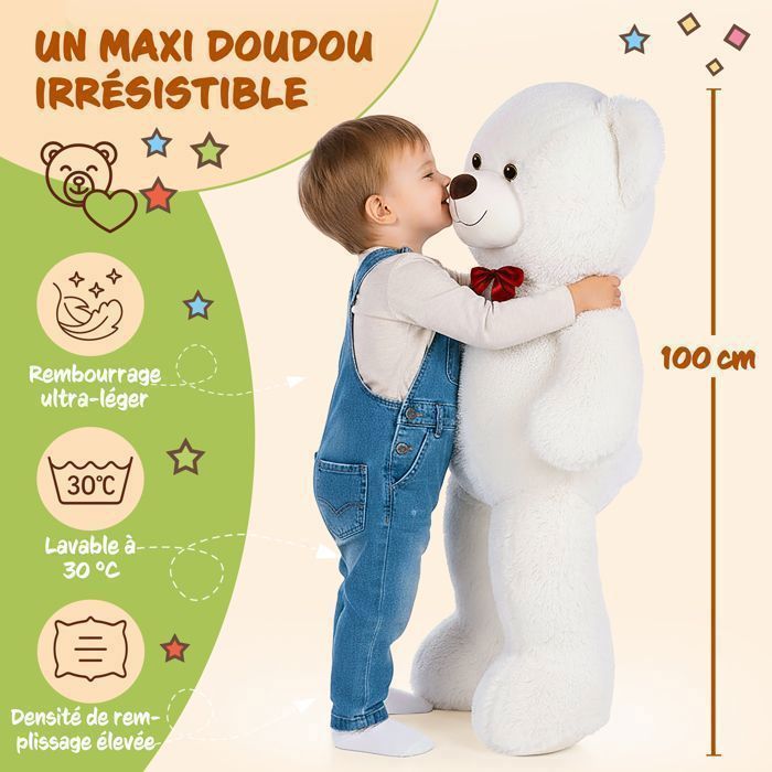 Ours En Peluche Très Douce MONZANA® Avec Noeud Papillon - Nounours Géant 100cm Blanc - Grosse peluche - Doudou Mignon