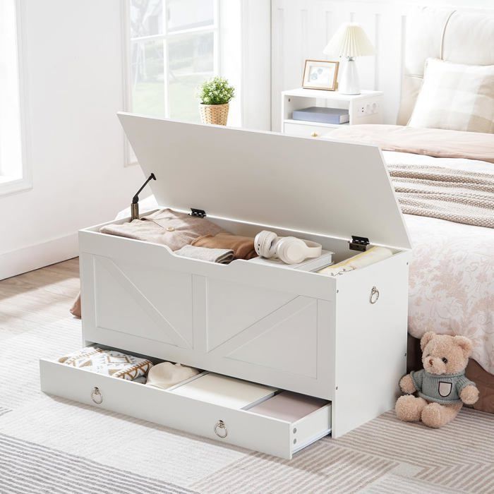 Coffre de Rangement-HOOBRO-Coffre à Jouets avec Tiroirs-Armoire à Jouets avec charnière de sécurité-Blanc