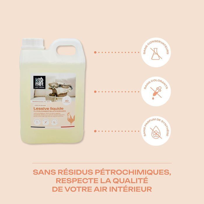 Detergente líquido para ropa, aroma cítrico, aceites esenciales cítricos orgánicos, 40 lavados, 2 L