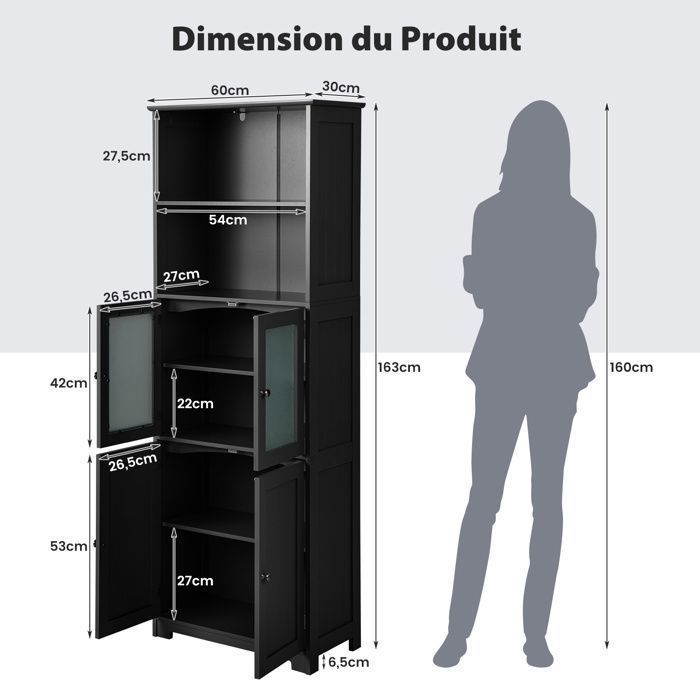 COSTWAY Colonne Salle de Bain avec 4 Portes 2 Compartiments Ouverts, Armoire Salle de Bain, Étagères Réglables, 60x30x163 cm, Noir