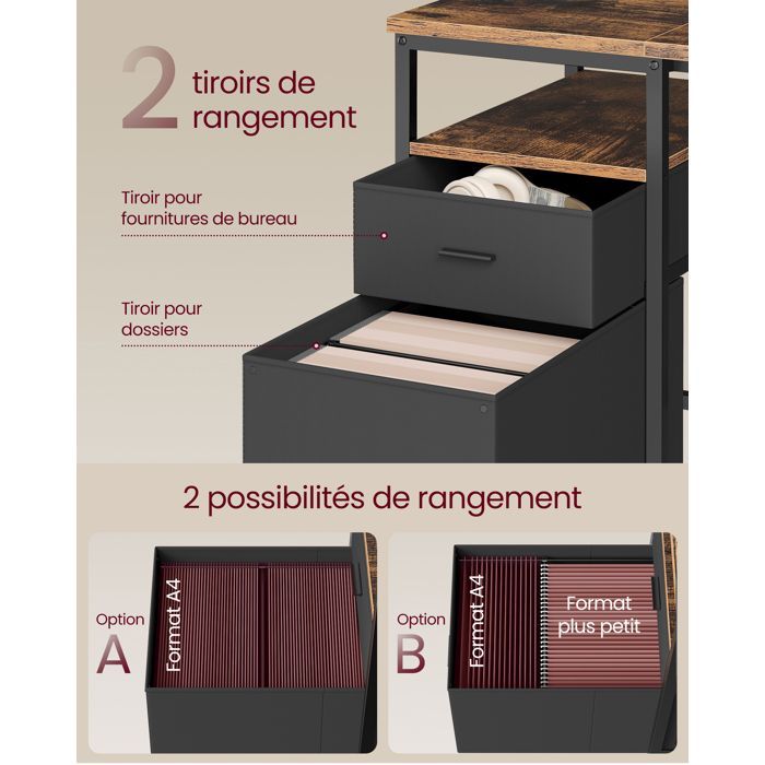Bureau d’Ordinateur avec Rangement, 3 Étagères, 2 Tiroirs, 160 x 60 x 76 cm, pour Bureau, Salon, Marron Rustique et Noir Mat