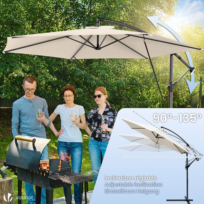 VOUNOT® Zweefparasol met 3M bevestigingsband, beige - 360° draaibaar - Verstelbare kantelhoek - Beschermhoes