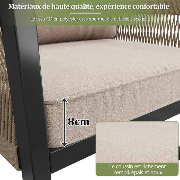 Salon de jardin extérieur - LANGTU - Modulable 8 places - Coussins 8cm - Tressage corde - Table 95x63x65 cm