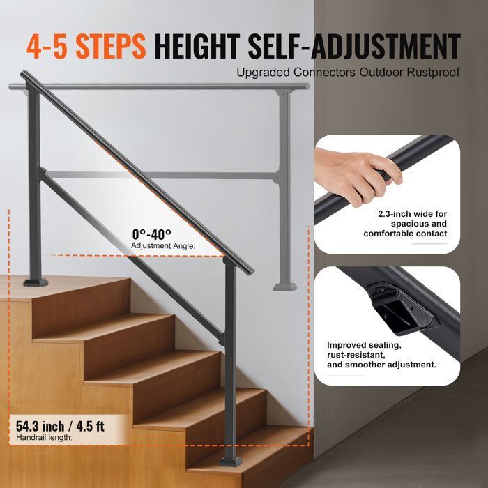 Corrimano per scale esterne VEVOR - 1380 x 84 x 920 mm - con kit di installazione - Corrimano per portici e terrazze - Nero