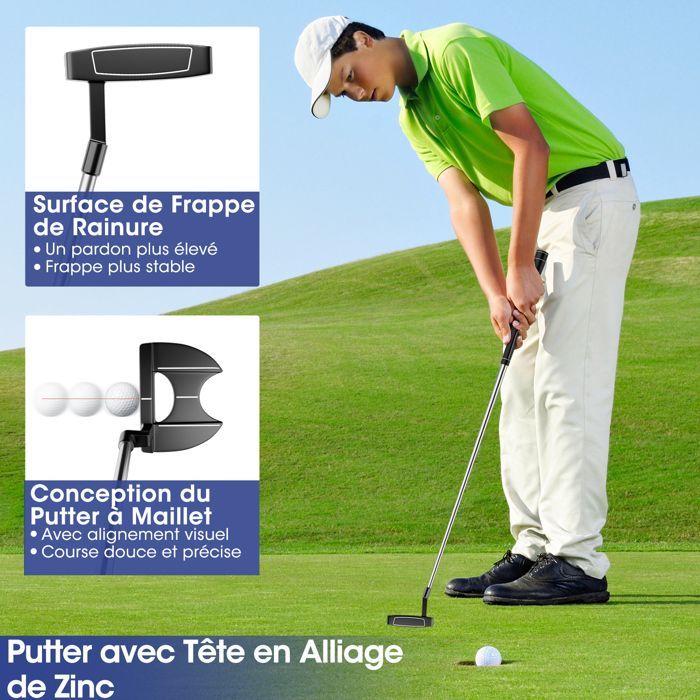 Juego de palos de golf COSTWAY de 9 piezas para hombre diestro: Driver de aleación de aluminio, 3 fundas para palos de calle e híbridos, 5 hierros y putter (gris).