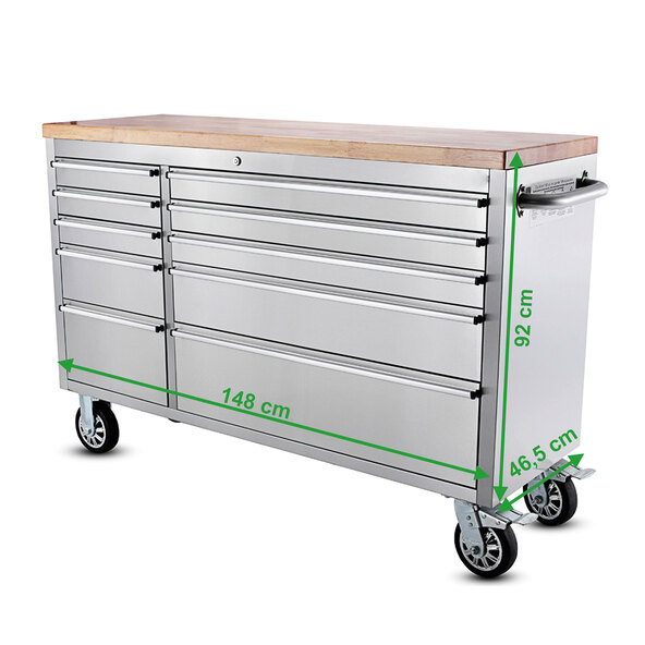 Verkstadsvagn i rostfritt stål, 10 lådor, 148 cm