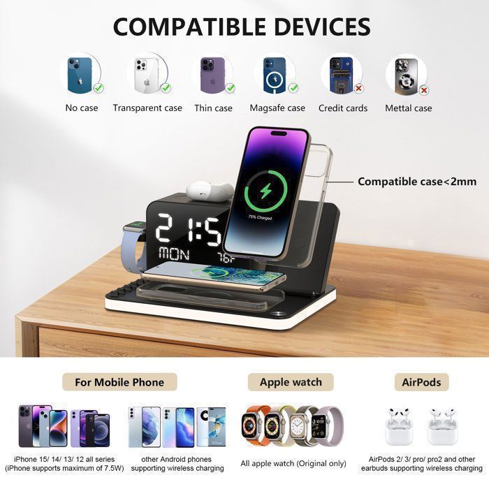 Cargador inalámbrico 7 en 1: estación de carga, reloj, luz nocturna, cargador inalámbrico para iPhone, AirPods, Apple Watch, Samsung y Android.