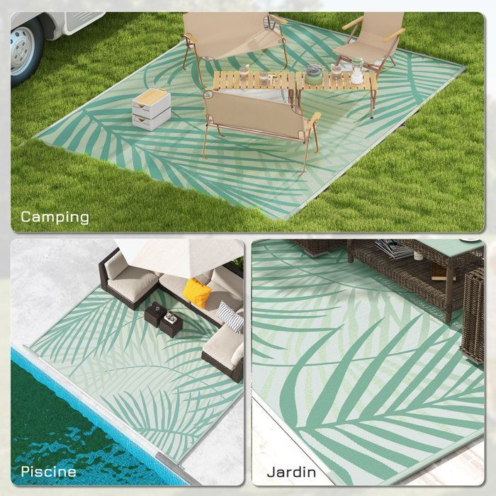 Tapis de jardin - Outsunny - tapis extérieur réversible 365x274 cm imperméable feuillage - PP - vert crème