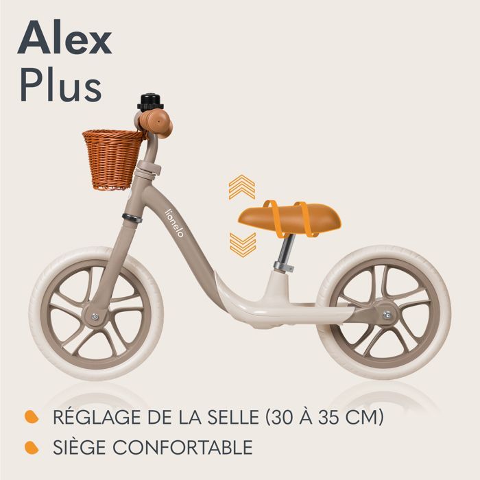 LIONELO Alex Plus loopfiets met helm - Lichtgewicht en stevig frame - Mandje en bel inbegrepen - Tot 30 kg - Beige