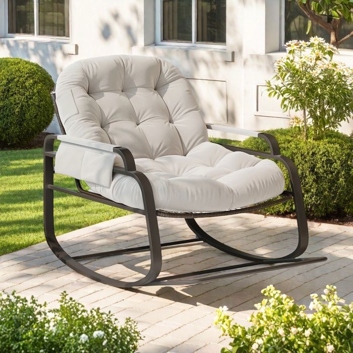 Sedia a dondolo - TANANT - Rattan - Cuscino imbottito - Tessuto di lino - Beige
