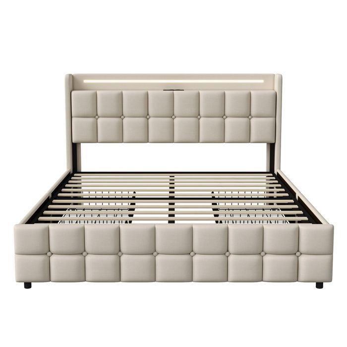 Cama doble con cajones de 160x200 cm, puerto USB, cabecero LED, con 4 cajones, ropa de cama, somier de láminas, apta para adultos - beige