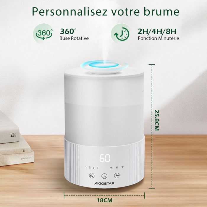 Aigostar Misty - Umidificatore diffusore di oli essenziali silenzioso. Timer di 8 ore e spegnimento automatico. LED a 7 colori.