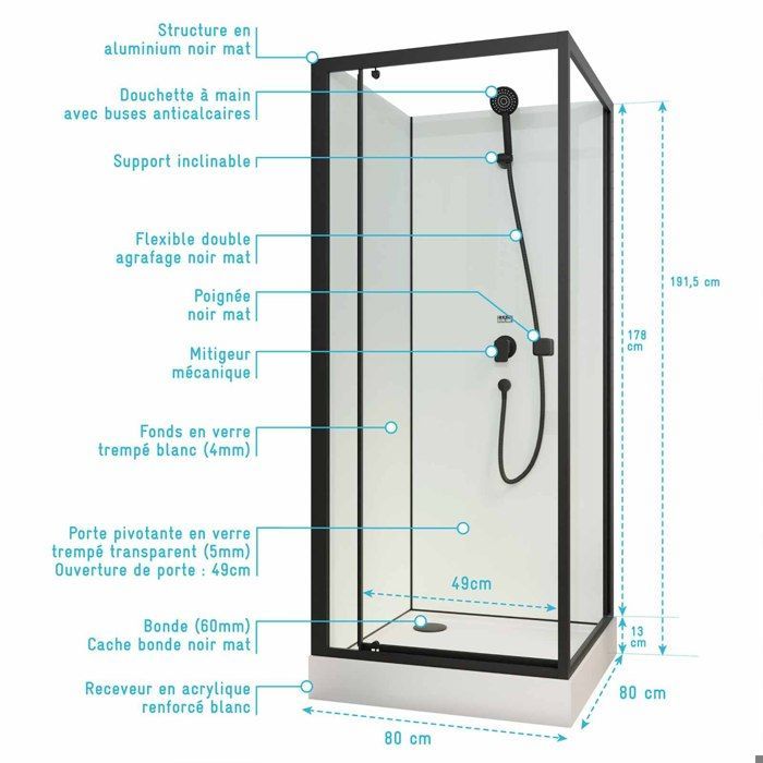 Mampara de ducha cuadrada de 80x80x200 cm - Puerta abatible - Panel trasero blanco y perfiles en negro mate
