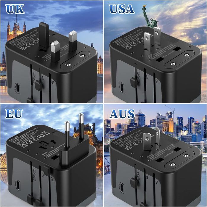 Adaptador de viaje todo en uno con 4 puertos USB de 5,6 A y 1 puerto USB-C, adaptador de enchufe universal esmerilado (de Francia a Reino Unido y EE. UU.).