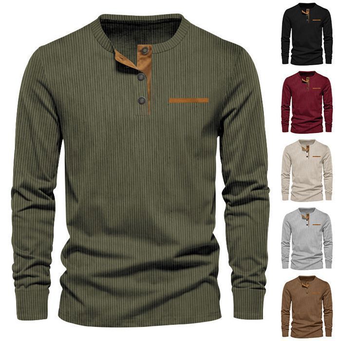 T-shirt da uomo a maniche lunghe in velluto a coste, vestibilità slim, scollo Henley, tinta unita, comoda - Taglia UE - Verde militare