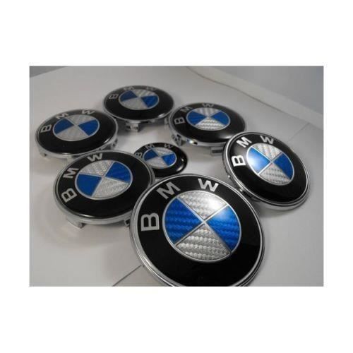 Adesivos e emblemas - BMW - Kit de 7 emblemas em fibra de carbono azul e cinza - Capô 82 mm - Porta-malas 74 mm - Volante 45 mm