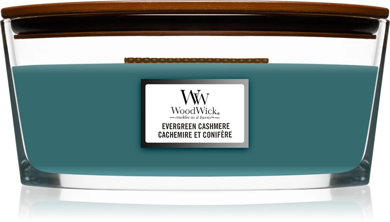 Dišeča sveča Woodwick Evergreen Cashmere z lesenim stenjem (Heartwick)