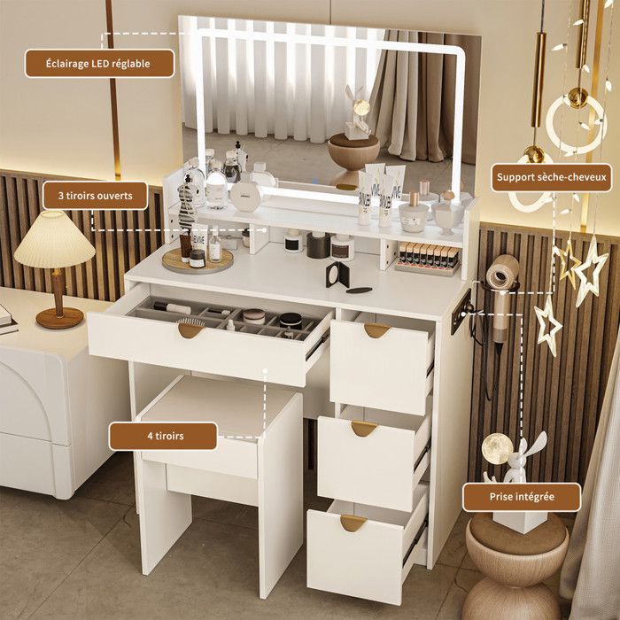 Tavolo da trucco con specchio a LED, 4 cassetti, 3 ripiani e 2 porte USB, dimensioni 90x40x140 cm, colore bianco.