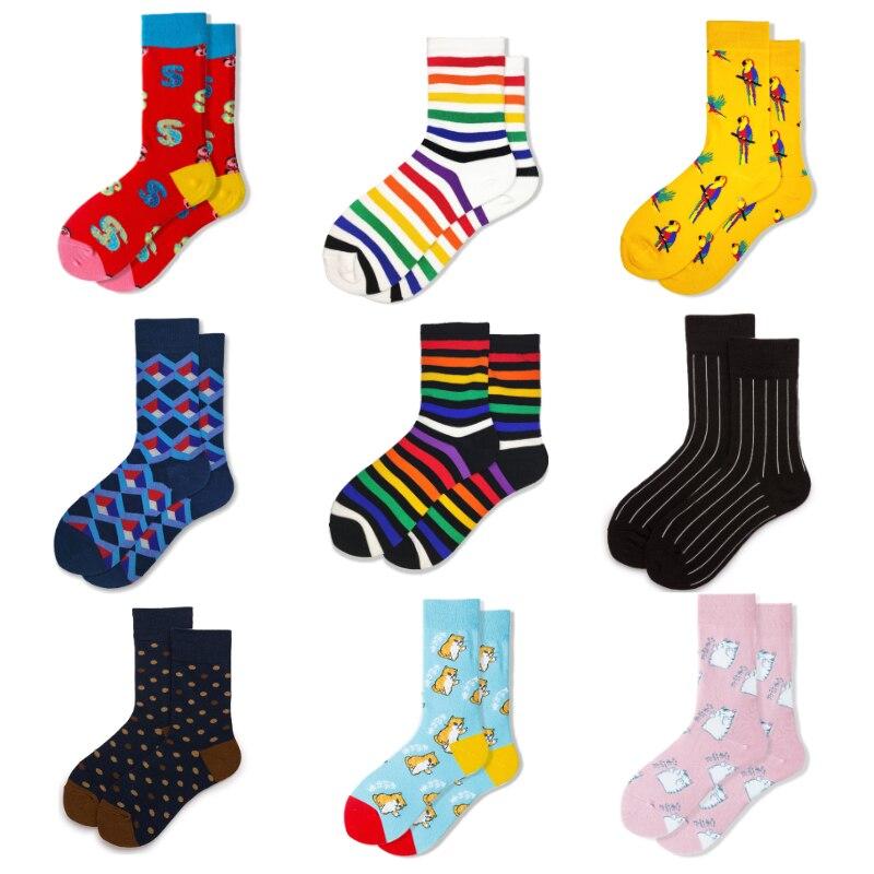 Chaussettes fantaisie amusantes pour hommes, en coton peigné, à rayures arc-en-ciel, motif oiseau et chat, rose, style skateur, cadeau décontracté de Noël
