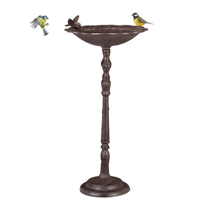 Baño decorativo para pájaros Relaxdays, hierro fundido, diseño antiguo, altura: 74,5 cm, para jardín, marrón.