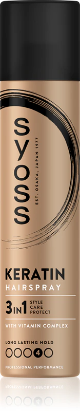 Spray de cabelo com queratina Syoss, fixação muito forte.