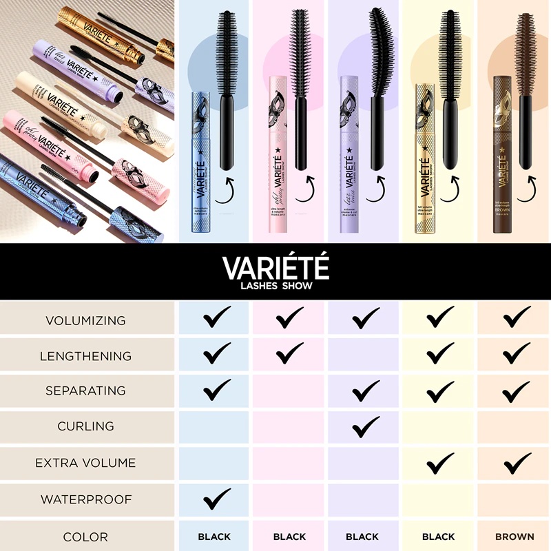 „Eveline Cosmetics Variété Lashes Show“ blakstienų tušas, kuris paryškina blakstienas ir padidina jų apimtį.