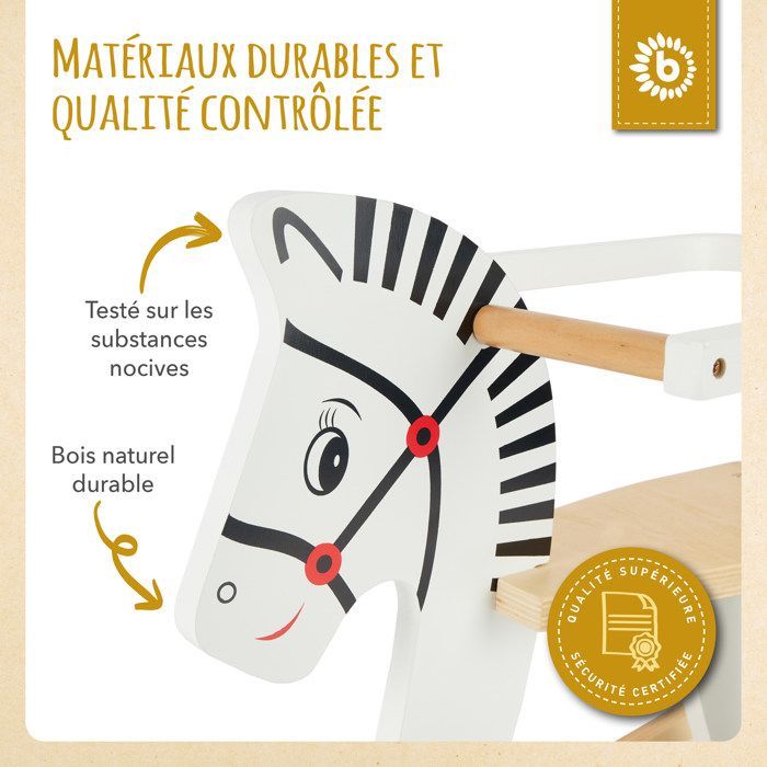 Toy - BIECO - Wooden Zebra Rocking Horse - Footrests - Safety Frame - 1 year and up
