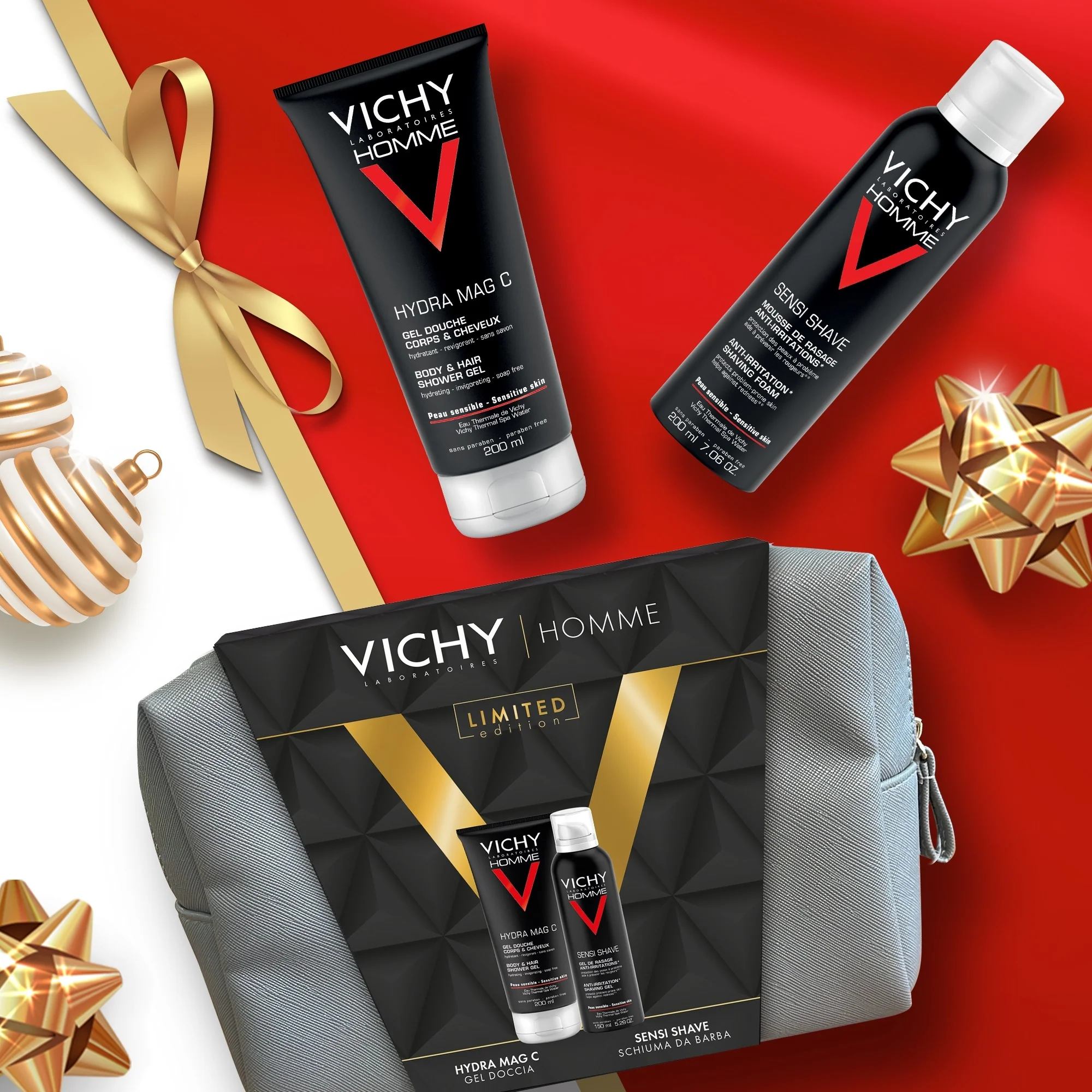 Vichy Homme Pochette Uomo con Gel Doccia Hydra Mag C + Schiuma Da Barba Sensi Shave - Cofanetti Viso e Corpo, Schiuma per Rasatura, Bagno e Doccia