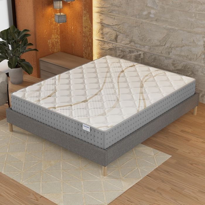 Conjunto de colchón y base de cama (120x190cm) - Muelles ensacados Essem y espuma de alta densidad de 25 cm de grosor + Base de cama de madera estable, Tela gris