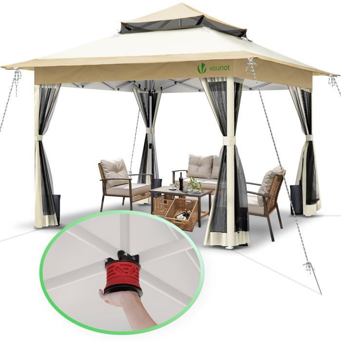 Cenador de jardín plegable VOUNOT® de 3,6 x 3,6 m con fácil montaje y mosquitera, color beige.