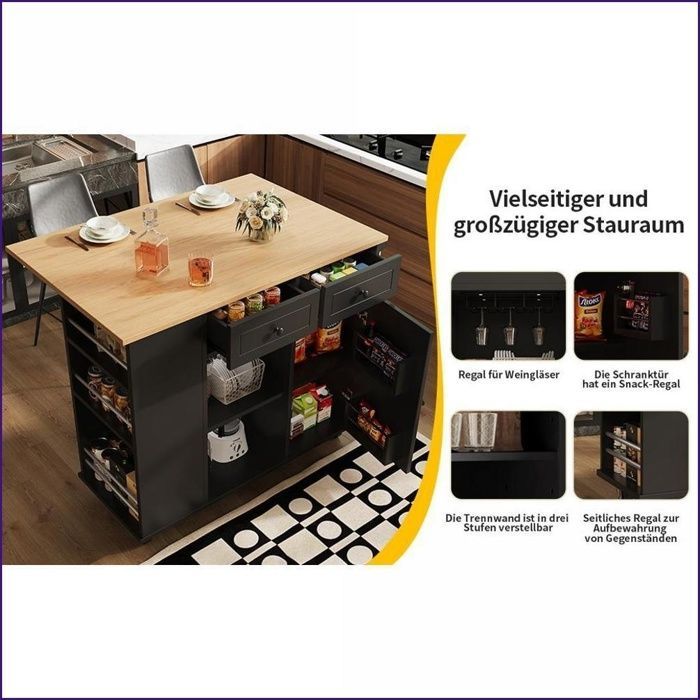 Kitchen Island & Multifunctional Cart - Wine Glass Storage, Snacks, Adjustable Dividers - Black