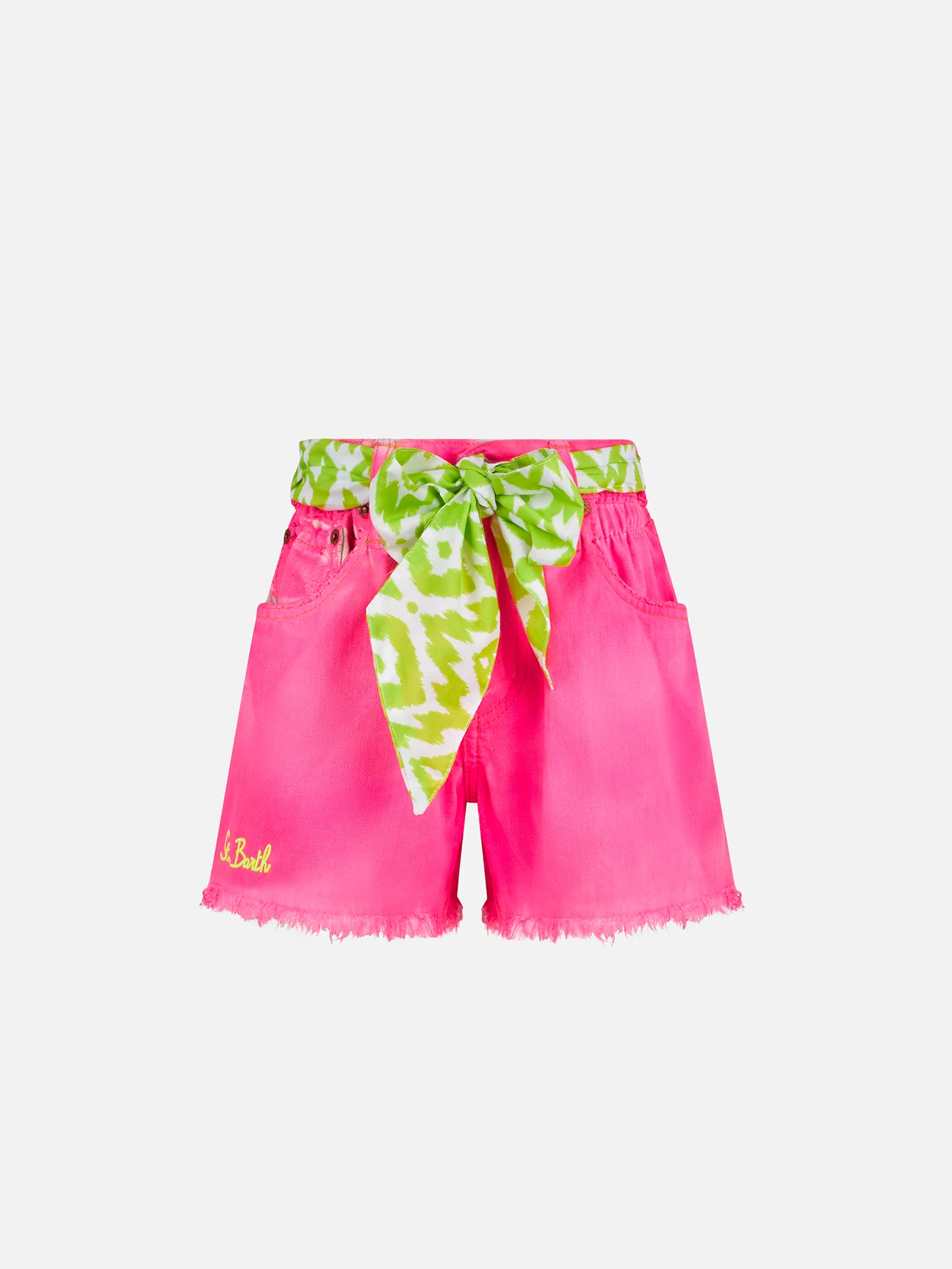Pantaloncini da bambina in denim riciclato rosa fluo con ricami