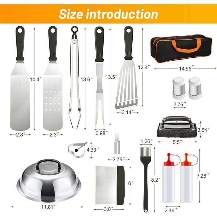 Conjunto de 42 peças de utensílios para churrasco, acessórios para grelha em aço inoxidável com utensílio para churrasco, prensa para grelha e espátula.