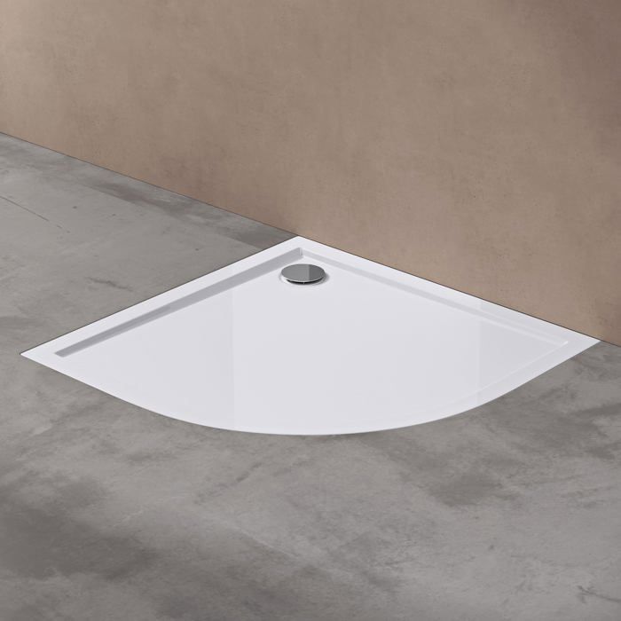Plato de ducha acrílico Sogood Faro03, base plana blanca en forma de cuarto de círculo, 100x100x4cm con tapón AL02.