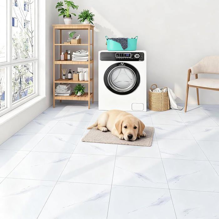 ReWallpaper Self-Adhesive PVC Floor Tiles, White Marble, 30cm x 30cm, Lino Floor Tiles, Self-Adhesive, for Bathroom and Kitchen, Waterproof, White Marble 3