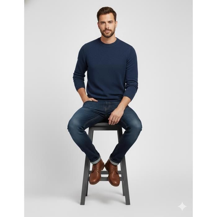 Suéter de punto informal de cuello redondo y corte ajustado para hombre - Suave y cómodo, estilo invernal - FUNMOON - Azul