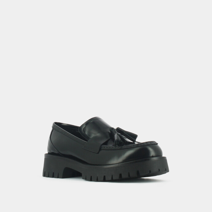 Mocassins à semelles crantées et glands  en cuir glacé noir