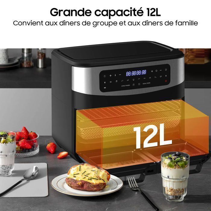 Friteuse Sans Huile  Dual Zone 12L 2200W Air Fryer - Séparateur Amovible -  XXL Friteuse à Air  - 10 Programmes, Recette