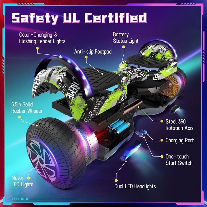 Hoverboard 6.5'' électrique，Moteur 160W, lumière LED, bluetooth, Charge maximale 70KG, autonomie 7-8km,Un vert éclatant